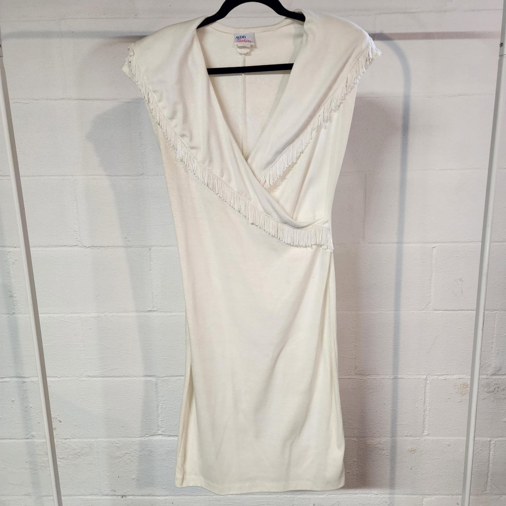 Vintage 80's Avon Fashions Dress White Faux‎ Wrap Fringe Detail Party Cocktail